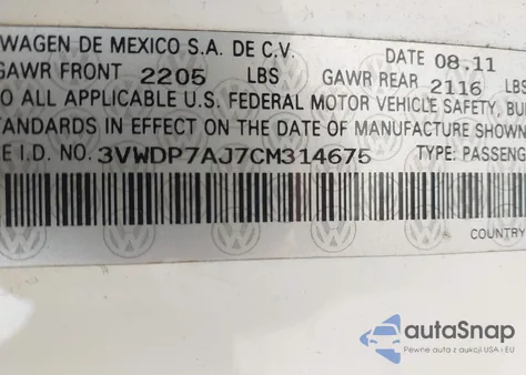 2012 Volkswagen Jetta 2.5L Se из США, поврежденный, VIN 3VWDP7AJ7CM314675